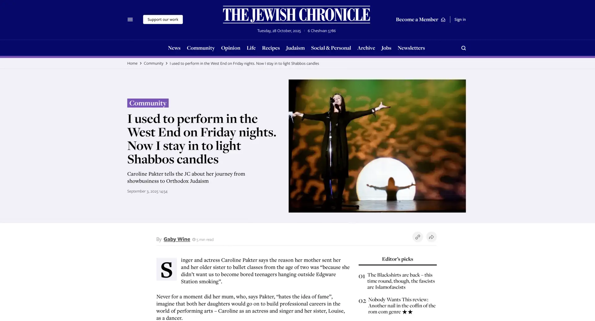 Showbiz to Shabbos Article JC